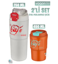 Vagonlife 2'li Çelik Termos-Kahve Bardağı Seti 750ML Çift Kullanım Termos//450ML Mug Kahve Bardağı (Beyaz-Turuncu)