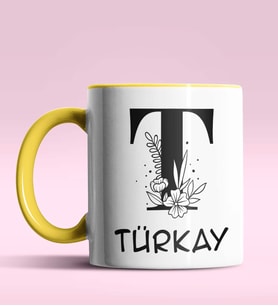 Kişiye Özel T Harfi Romantik Tasarım Siyah Renk Kupa (Sarı)