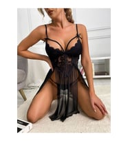 Yanları Yırtmaçlı Dantelli Cuplu Mini Tül Gecelik String Takım 2 Parça (Siyah)