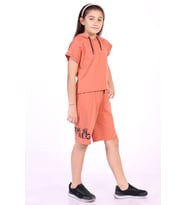 Toontoy Kız Çocuk Yazı Baskılı Şortlu Takım (Kiremit)