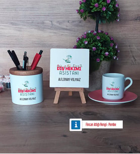 Diş Hekimi Asistanı Hediye Seti Dekoratif Taş, Kalemlik, Ahşap Altlıklı Türk Kahvesi Fincanı Hediye Diş Hekimi Asistanına Hediye (Model 6)