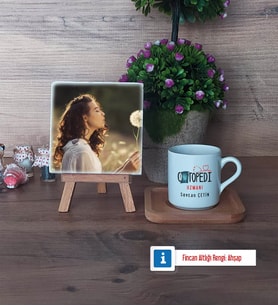 Ortopedi Uzmanı Fotoğraflı Dekoratif Taş, Ahşap Altlıklı Türk Kahvesi Fincanı Hediye (Model 1)