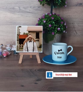Groom Fotoğraflı Dekoratif Taş, Ahşap Altlıklı Türk Kahvesi Fincanı Hediye (Model 5)