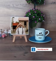 Groom Fotoğraflı Dekoratif Taş, Ahşap Altlıklı Türk Kahvesi Fincanı Hediye (Model 5)