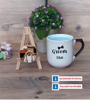 Groom Kupa Bardak Beyaz ve Fotoğraflı Ahşap Anahtarlık Hediye (Model 10)