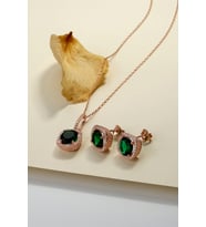 Gümüş Elmas Kesim Zirkon Taşlı Tasarım Kolye-Küpe Set (Yeşil)