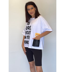 Kadın Tek Cep Ayıcık Detay Kısa T-Shirt (Beyaz)