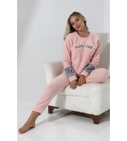 Fawn 3012 Peluş Welsoft Polar Kışlık Yumoş Kadın Pijama Takımı (Toz Pembe)