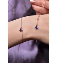 925 Ayar Gümüş Rose Kaplama Zirkon Taşlı Mini Kelebek Kolye Ve Bileklik Set (Lacivert)