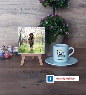 Evin Prensi Fotoğraflı Dekoratif Taş, Ahşap Altlıklı Türk Kahvesi Fincanı Hediye (Model 2)