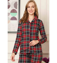 Dreamy Ekoseli Pamuklu Biyeli  Uzun Kollu Gömlek Pijama Takımı (Siyah-Kırmızı)