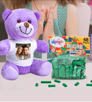 Kişiye Özel Peluş Mor Ayıcık Ve Renkli Micro Blocks Lego (Yeşil)