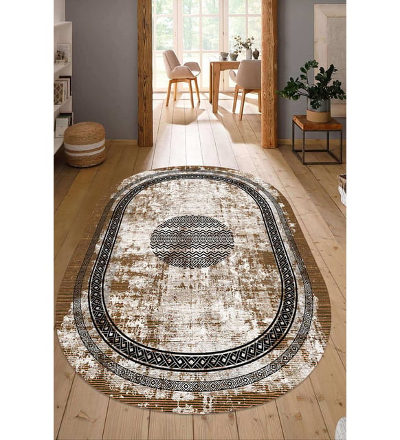 Dijital Baskılı Kaymaz Taban Yıkanabilir Oval Salon Halısı Mutfak Halısı Yolluk NDO-SD-1081 (Kahverengi)