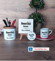 Anestezi Uzmanı Hediye Seti Dekoratif Taş, Kalemlik, Ahşap Altlıklı Türk Kahvesi Fincanı, Ahşap Anahtarlık Hediye (Model 3)