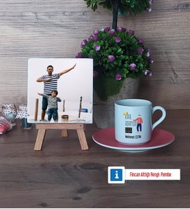 Babalar Günü Hediyesi Fotoğraflı Dekoratif Taş, Ahşap Altlıklı Türk Kahvesi Fincanı Hediye Babaya Doğum Günü Hediyesi (Model 6)