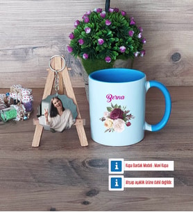 İsme Özel Doğum Günü Hediyesi Kupa Bardak Beyaz ve Fotoğraflı Ahşap Anahtarlık Hediye (Model 4)