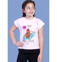 Toontoy Kız Çocuk Garni Detaylı Taş İşlemeli Baskılı Tişört (Pudra)