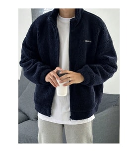 Oversize Peluş Tam Fermuarlı Sweatshirt Peluş İçi Polarlı Sherpa Kumaş Sweatshirt (Lacivert)
