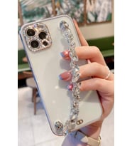 iPhone 12 Pro Max Kılıf Şeffaf Bileklik Zincirli Taş Desenli (Lila)
