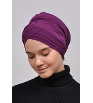 Üç Bantlı Çapraz Dış Tesettür Bonesi Hazır Türban (Koyu Mor)