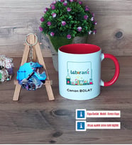 Laborant Kupa Bardak Beyaz ve Fotoğraflı Ahşap Anahtarlık Hediye (Model 2)