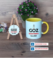 Göz Doktoru Kupa Bardak Kırmızı ve Ahşap Anahtarlık Hediye Tıp Bayramı Hediyesi (Model 6)