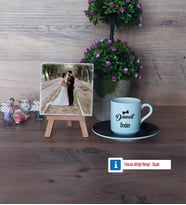 Damat Fotoğraflı Dekoratif Taş, Ahşap Altlıklı Türk Kahvesi Fincanı Hediye (Model 7)