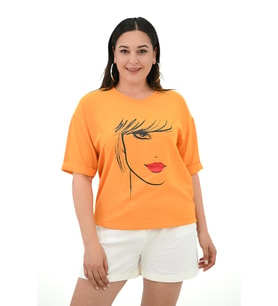Kadın Büyük Beden Yüz Baskılı T-shirt 1788-25 (Hardal)