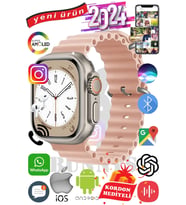 Samsung Galaxy A42 Uyumlu Akıllı Saat ULTRA MAX 2024 Kordon Hediyeli Amoled Ekran (Pembe)