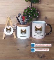 Kuran Kursu Hocası Hediye Sepeti Kalemlik, Kupa Bardak Sihirli, Ahşap Anahtarlık Hediye (Model 1)