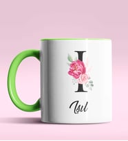 Kişiye Özel I Harfi Temalı Gül Tasarım Siyah Renk Kupa (Yeşil)