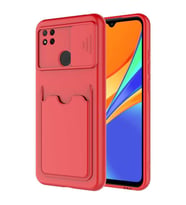 Xiaomi Redmi 9C Kılıf Kartlıklı Lens Kapatmalı Kapak (Kırmızı)