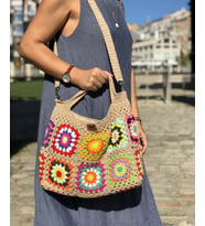 Bohem Kare Motifli Kadın Vintage Çanta (Bej)
