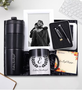 Kişiye Özel Sihirli Kupa & 450 ML French Press Termos & 32Gb USB Siyah Kalem & Çerçeve Hediye Seti (Beyaz)