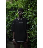 Oversize Bisiklet Yaka Baskılı Ve Zikzak Dikiş Detaylı Erkek Yazlık T-shirt (Siyah)