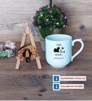 Sevimli Panda Kupa Bardak Beyaz ve Fotoğraflı Ahşap Anahtarlık Hediye (Model 5)