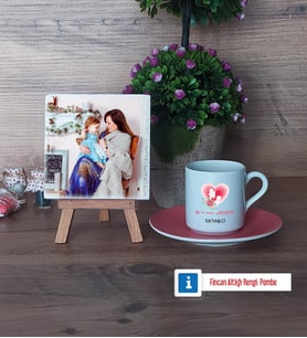 Anneye Doğum Günü Hediyesi Fotoğraflı Dekoratif Taş, Ahşap Altlıklı Türk Kahvesi Fincanı Hediye (Model 6)