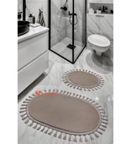 My Evilla Modern Simirna Dekoratif  Peluş Oval 60x100-50x60 Ponpon Saçaklı Klozet Takımı (Vizon)