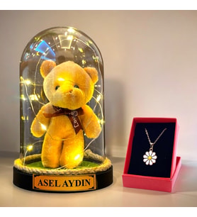 Kişiye Özel Peluş Ayıcıklı Büyük Boy Fanus, Led Işıklı ve Papatya Kolyeli Hediye Seti M4 (Krem)