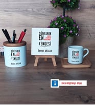 Yengeye Hediye Hediye Seti Dekoratif Taş, Kalemlik, Ahşap Altlıklı Türk Kahvesi Fincanı Hediye (Model 1)