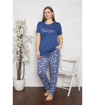 Kadın Yuvarlak Yaka Geniş Battal Beden Viskon Cepli Büyük Beden Pijama Takımı (Mavi)