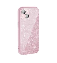 iPhone 15 Plus Kılıf Magsafe Şarj Özellikli Parlayan Simli Okso Kapak (Pembe)