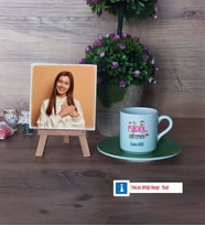 Psikoloji Öğretmeni Fotoğraflı Dekoratif Taş, Ahşap Altlıklı Türk Kahvesi Fincanı Hediye (Model 9)