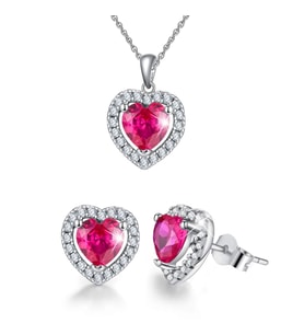 Yantra Silver 925 Ayar Gümüş Kalpli Zirkon Taşlı Kolye ve Küpe Seti (Koyu Pembe)