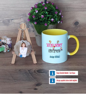 Sosyal Bilgiler Öğretmeni Kupa Bardak Beyaz ve Fotoğraflı Ahşap Anahtarlık Hediye (Model 7)