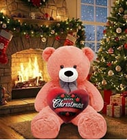 Christmas Temalı Kalp Yastık Hediyeli - Papyonlu Sevimli Peluş Şaşkın Ayı 80 cm - Sevgiliye Özel HEDİYE (Nar Çiçeği) - Yılbaşı Özel