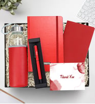 Kişiye Özel Defter & Deri Kılıflı 500 Ml Su Matarası & Mat Roller Kalem & Dikişli Mini Not Defteri Hediye Seti (Kırmızı)