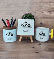 Sevimli Panda Hediye Sepeti Kupa Bardak T Kulplu, Kalemlik ve Dekoratif Taş Arkadaşa Doğum Günü Hediyesi (Model 5)