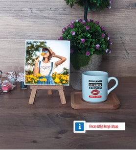 Kadın Öğretmene Hediye Fotoğraflı Dekoratif Taş, Ahşap Altlıklı Türk Kahvesi Fincanı Hediye (Model 1)