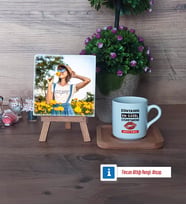 Kadın Öğretmene Hediye Fotoğraflı Dekoratif Taş, Ahşap Altlıklı Türk Kahvesi Fincanı Hediye (Model 1)